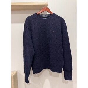 Vintage Polo Ralph Lauren 100% Lambs Wool Cable Knit Sweater Pullover Navy XL